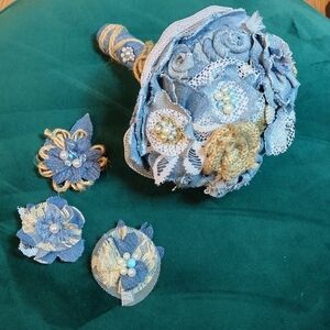 Denim Burlap Lace Bridal Alternative Wedding Bouquet +Matching Brooches